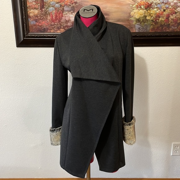 Joseph Ribkoff Long Open Front Lined Jacket Fur Cuffs Cardigan Blazer Coat 8 - Picture 2 of 16